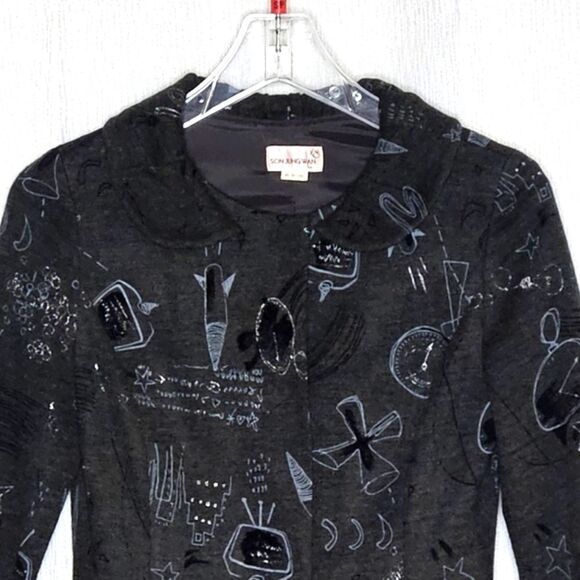 Son Jung Wan 2007 Charcoal Gray Futuristic Print Embellished Snap Front Blouse - Picture 1 of 15